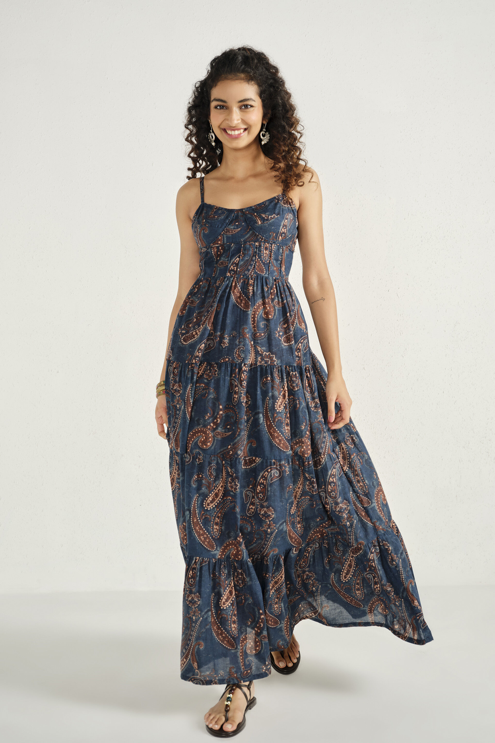 Printed Tiered Maxi Dress in Indigo